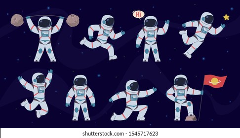 Cartoon astronaut. Cosmonaut characters in different poses running, standing and walking, flying. Cosmic hero in space suit vector comics party spaceman set