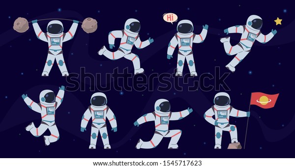 漫画の宇宙飛行士 走るポーズ 立つポーズ 歩くポーズ 飛ぶポーズのコスモナウトのキャラクター 宇宙服ベクター漫画のスペースマンセットの宇宙のヒーロー のベクター画像素材 ロイヤリティフリー