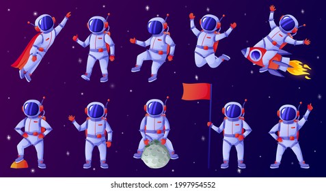 Cartoon astronaut. Cosmonaut waving hand, holding flag, dancing, sitting on moon, riding rocket. Spaceman in outer space vector set. Person exploring cosmos or universe in different positions