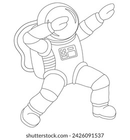 Cartoon astronaut dancing in space. Vector illustration for coloring book, children entertainment, print. Black and white.