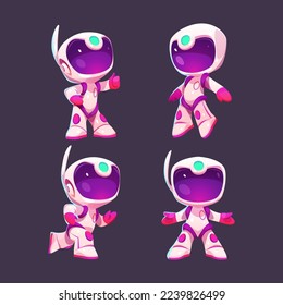 Cartoon astronaut in different positions isolated on background. Vector illustration set of funny game character in space suit showing thumbs-up, running, front and side view. Exploring universe