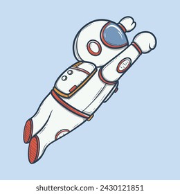 Cartoon astronaut in a dynamic pose flying upwards