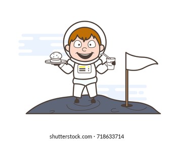 Cartoon Astronaut Eating Food on Moon Vector Illustration