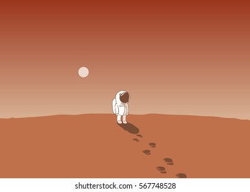 Cartoon astronaut explore mars vector illustration. Spaceman on a red planet