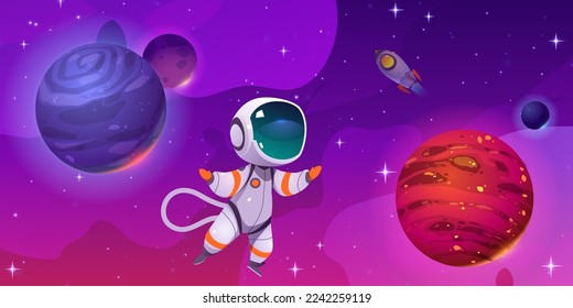 Cartoon astronaut exploring solar system in outer space. Vector illustration of cosmonaut character in spacesuit and helmet floating among planets and stars, rocket flying in sky. Game background