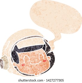 cartoon astronaut face with speech bubble in grunge distressed retro textured style