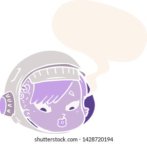 cartoon astronaut face with speech bubble in retro style