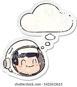 Cartoon-Astronautengesicht mit Denkblase als bedrückter abgenutzter Aufkleber