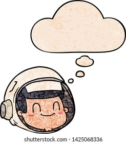 cartoon astronaut face with thought bubble in grunge texture style
