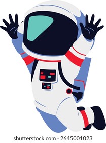 Cartoon astronaut falling or plunging with raised hands and bent knees, expressing dynamic space motion in isolated illustrated character style.