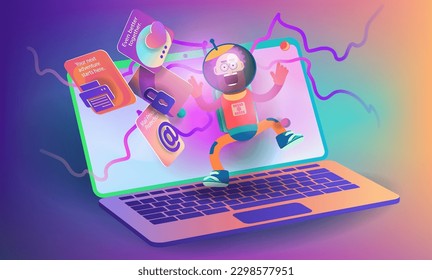 cartoon astronaut falls on laptop screen and web application icons. Vector banner
