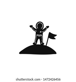 Cartoon astronaut with flag on planet. Doodle kid vector illustration isolated on white background. Black and white space modern icon. Nursery childish design in minimalistic style.