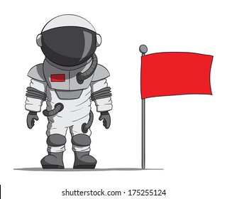 Cartoon astronaut with a flag. Vector illustration