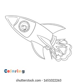Cartoon astronaut flies on a rocket. Vector coloring book.