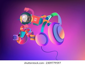 cartoon astronaut flies past studio headphones and music icons in space. Vector banner