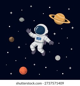 Cartoon Astronaut Fly In Outer Space with Planets and Asteroids Illustration Cartoon Astronaut Fly In Outer Space with Planets and Asteroids Illustration