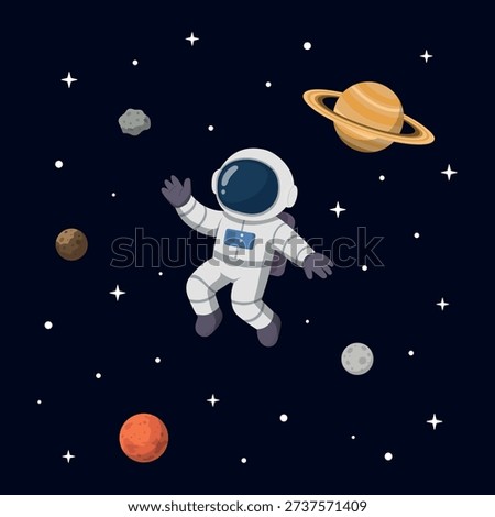 Cartoon Astronaut Fly In Outer Space with Planets and Asteroids Illustration