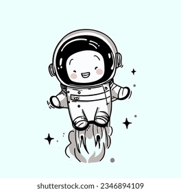 A cartoon astronaut is flying on a blue background