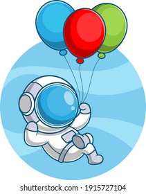 cartoon astronaut flying using a balloon