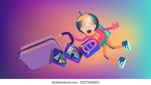 The cartoon astronaut girl is flying with a travel suitcase and web icons. Vector banner