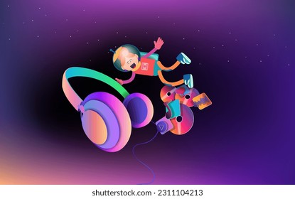 Cartoon astronaut girl and huge headphones with music icons in space. Vector banner