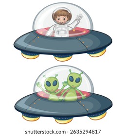 Cartoon Astronaut and Green Aliens in UFO Spaceships