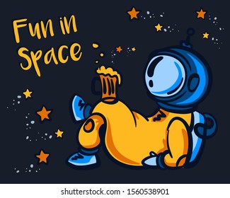 Cartoon astronaut has a good time in space. Cheerful astronaut drinks beer in space. Starry sky and astronaut with a glass of beer