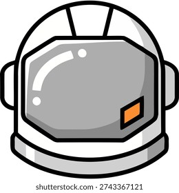 A cartoon astronaut helmet with a gray visor and orange rectangle on a white background.