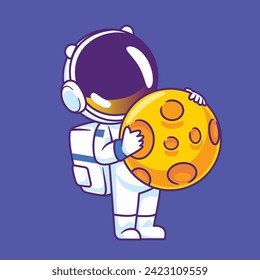 Cartoon astronaut holding a big moon cute mascot vector illustration