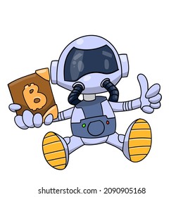 Cartoon astronaut holding a book with about bitcoin icon. A picture about the coming native . The blockchain is in the hand of the astronaut. Decentralized paper wallet.