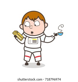 Cartoon Astronaut Holding a Book and Drinking a Hot Tea Vector Illustration