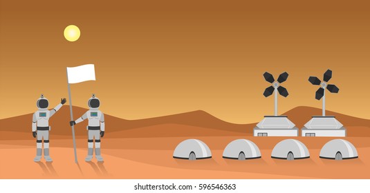 cartoon astronaut holding a flag with colony on mars landscape vector