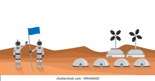 cartoon astronaut holding a flag with colony on mars landscape vector isolated on white background