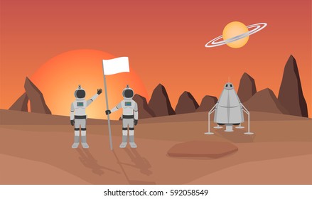 cartoon astronaut holding a flag on new planet , vector
