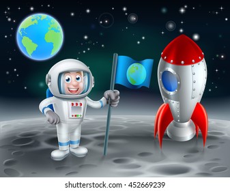 Cartoon astronaut holding a flag and rocket space ship on the moon with planet earth in the background