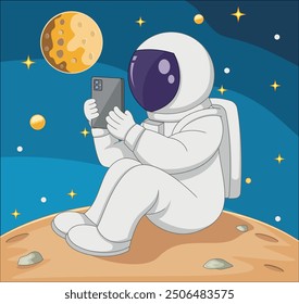Cartoon astronaut holding a hand phone on the moon
