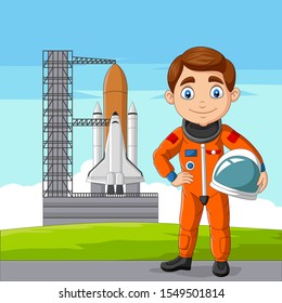Cartoon astronaut holding helmet with spaceship ready to launch