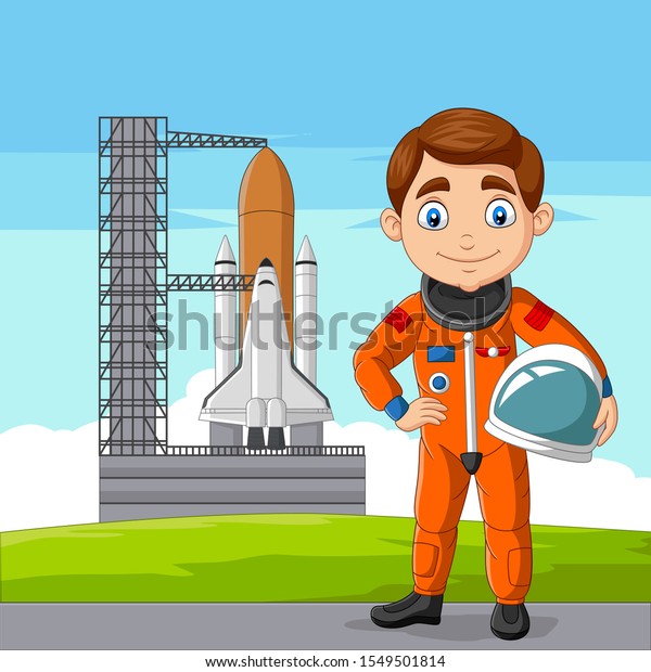 Cartoon astronaut holding helmet with spaceship\
ready to launch