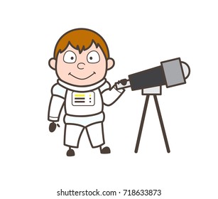 Cartoon Astronaut Holding a Telescope Vector Illustration