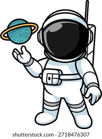 Um astronauta de desenho animado segurando um planeta minúsculo no espaço. Esta ilustração simboliza exploração, ciência, imaginação, inovação e criatividade cósmica. Ideal para conteúdo educacional, projetos científicos, ilustrações para crianças, cartazes, sites e projetos temáticos espaciais.