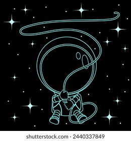 Cartoon astronaut holds a rope in his hands and floats in the space between the stars. Vector illustration on a black background.