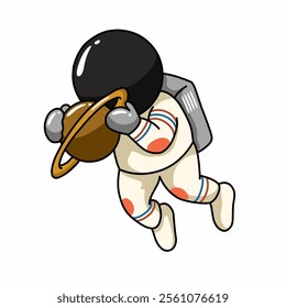 Cartoon astronaut icon hugging saturn