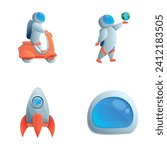 Cartoon astronaut icons set cartoon vector. Astronaut on motorbike, flying rocket. Cartoon character