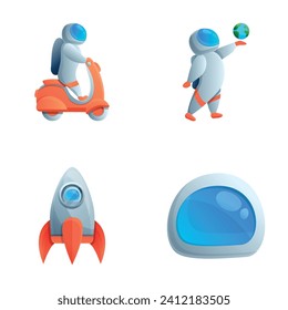 Cartoon astronaut icons set cartoon vector. Astronaut on motorbike, flying rocket. Cartoon character