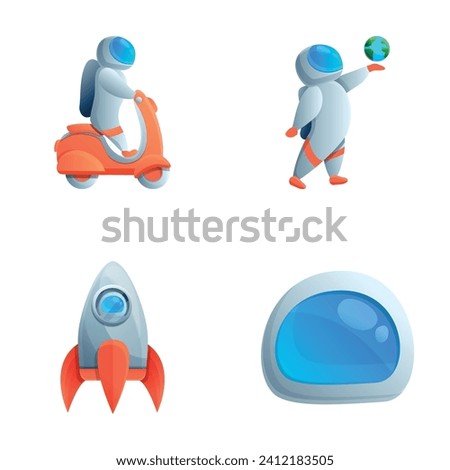 Cartoon astronaut icons set cartoon vector. Astronaut on motorbike, flying rocket. Cartoon character