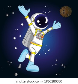 imagen de astronauta de dibujos animados flotando en el espacio con fondo de meteorito y gradación