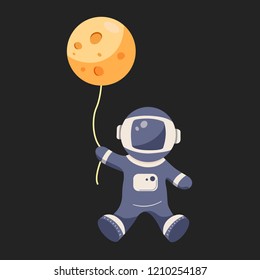 Cartoon astronaut keeps moon. Vector graphic illustration, isolated on black background. Vector illustration in a cartoon style.