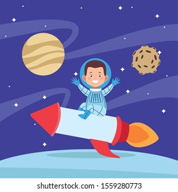 cartoon astronaut kid in space rocket flying at space, colorful design. vector illustration