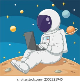 Cartoon astronaut with a laptop on the moon