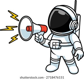 Ein Cartoon-Astronaut, der mit einem Megaphon im Weltraum eine Ansage macht. Diese Abbildung stellt Kommunikation, Werbung, öffentliche Ankündigungen, Marketingbotschaften, Nachrichten-Updates und Aufmerksamkeitsauffassungskonzepte dar. Geeignet für Banner, Social Media, Präsentationen, Websites und kreative Projekte mit Raumthema.
